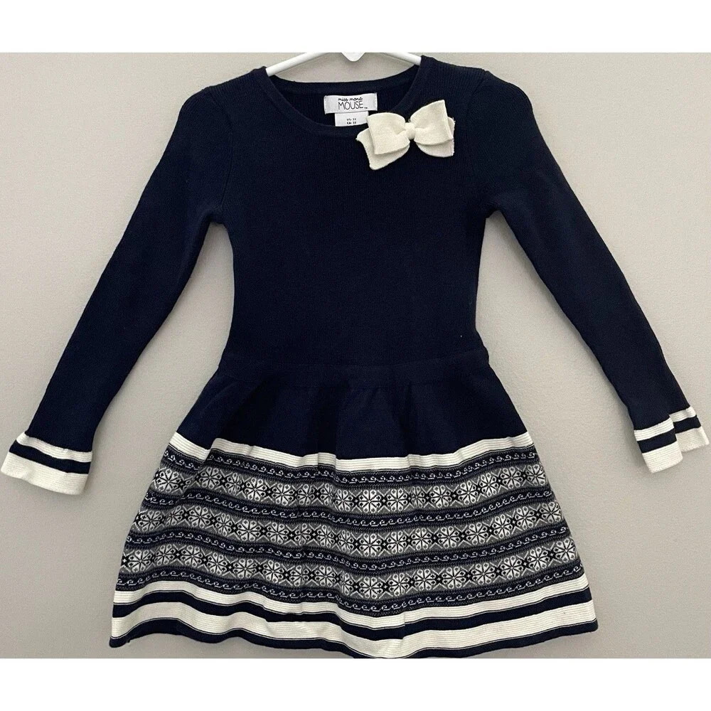Miss Mona Mouse Girls 3 Navy/Cream Knit Fall Dress